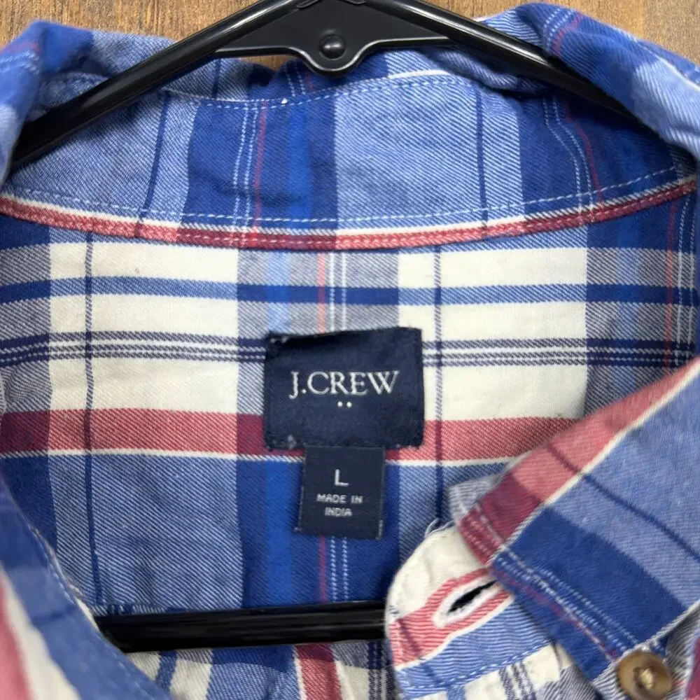 J Crew Mens Shirt Blue Red Cream Plaid Button Down Long Sleeve Cotton Large